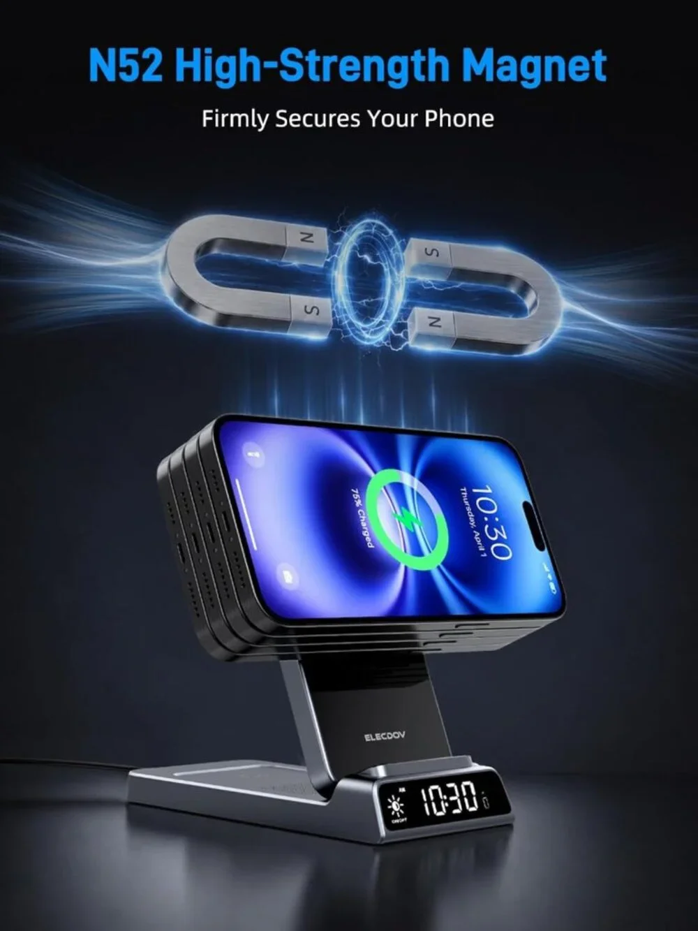 3-in-1 Wireless Charging Station with Clock, Foldable iPhone & Apple Watch Stand